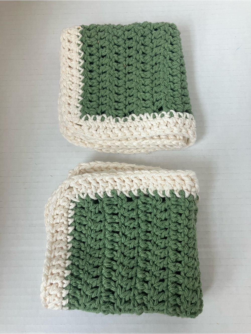 Handmade Green and Cream Crochet Kitchen Wash Cloths Set‎ of Two 10”